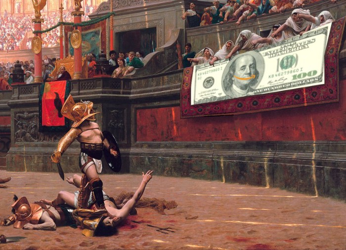 Jean-Leon Gerome’s painting Pollice Verso, 1872, depicting gladiators in an arena with noble onlookers giving a thumbs-down gesture. The tapestry before the nobles has been replaced with a US $100 bill in which Ben Franklin’s mouth has been replaced by an Amazon smile logo.